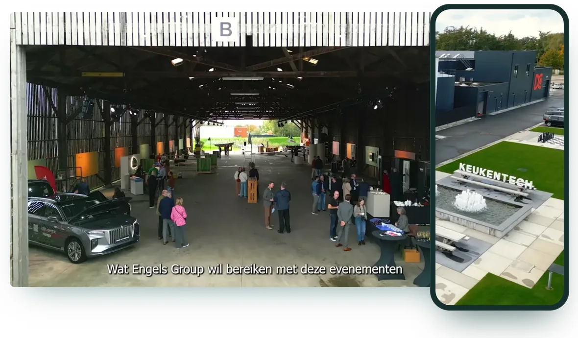 Ein Videostandbild im Querformat mit Untertiteln neben einem Smartphone mit einem Standbild im Hochformat aus demselben Film für Engels Group