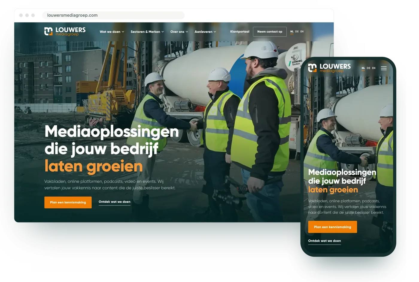 The Louwers Mediagroep website on a laptop and on a phone
